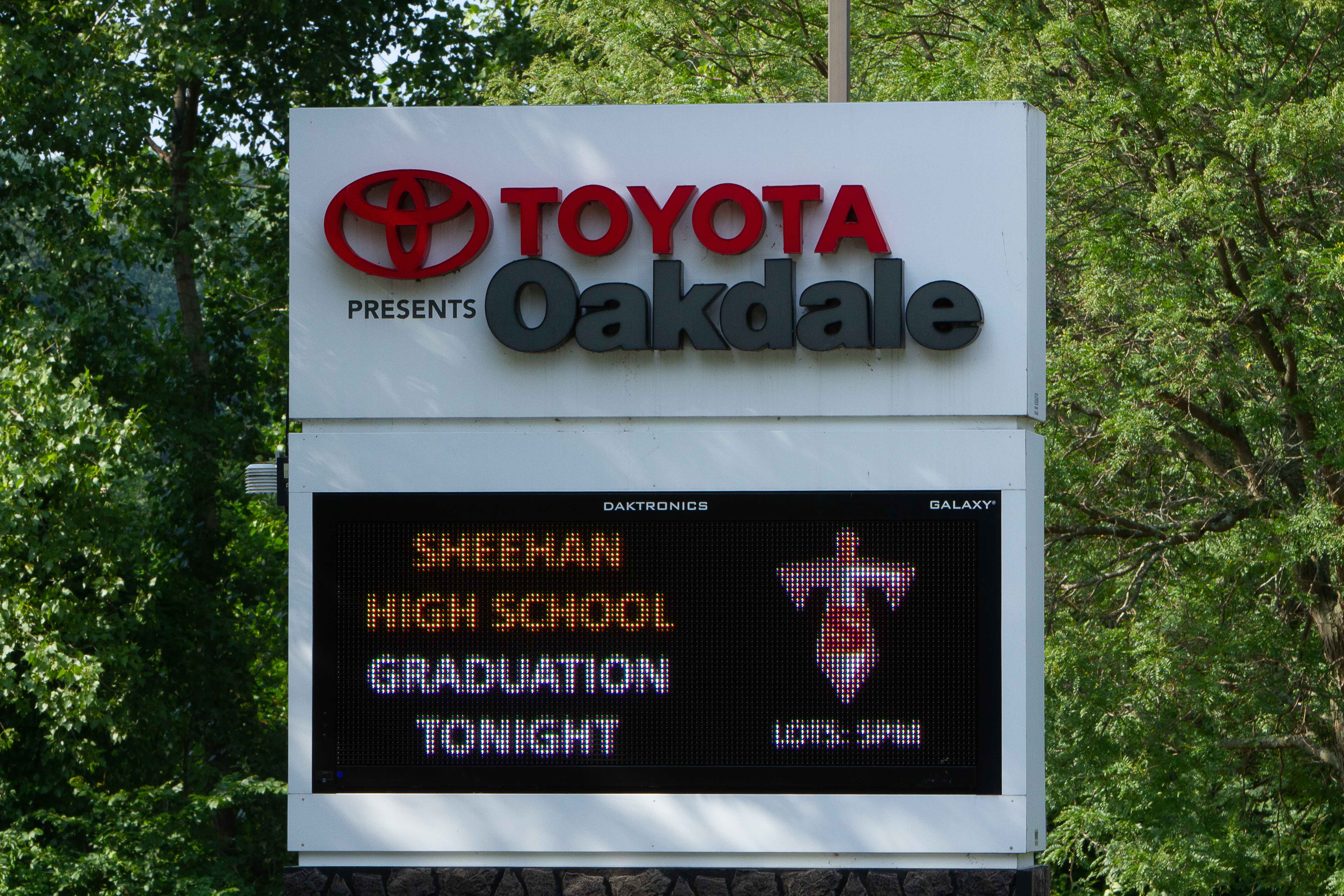 Toyota Presents Oakdale Theatre marquee displays drive-in graduation information