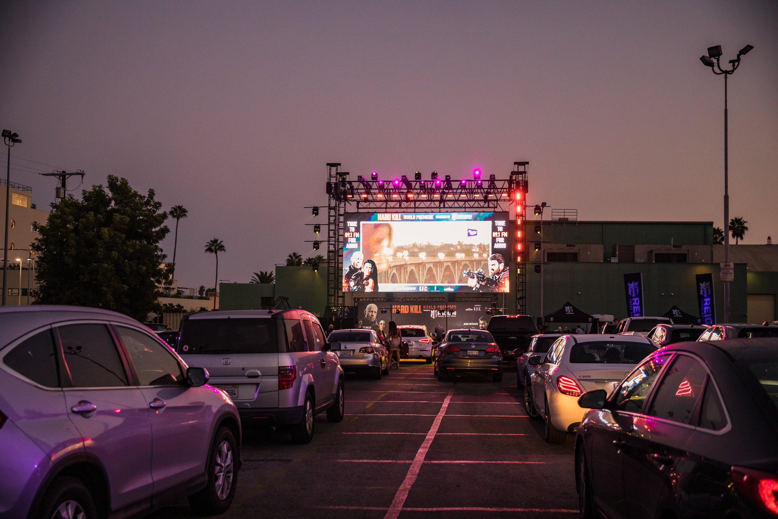 Rows of cars twilight Hollywood Palladiums Hard Kill movie premiere