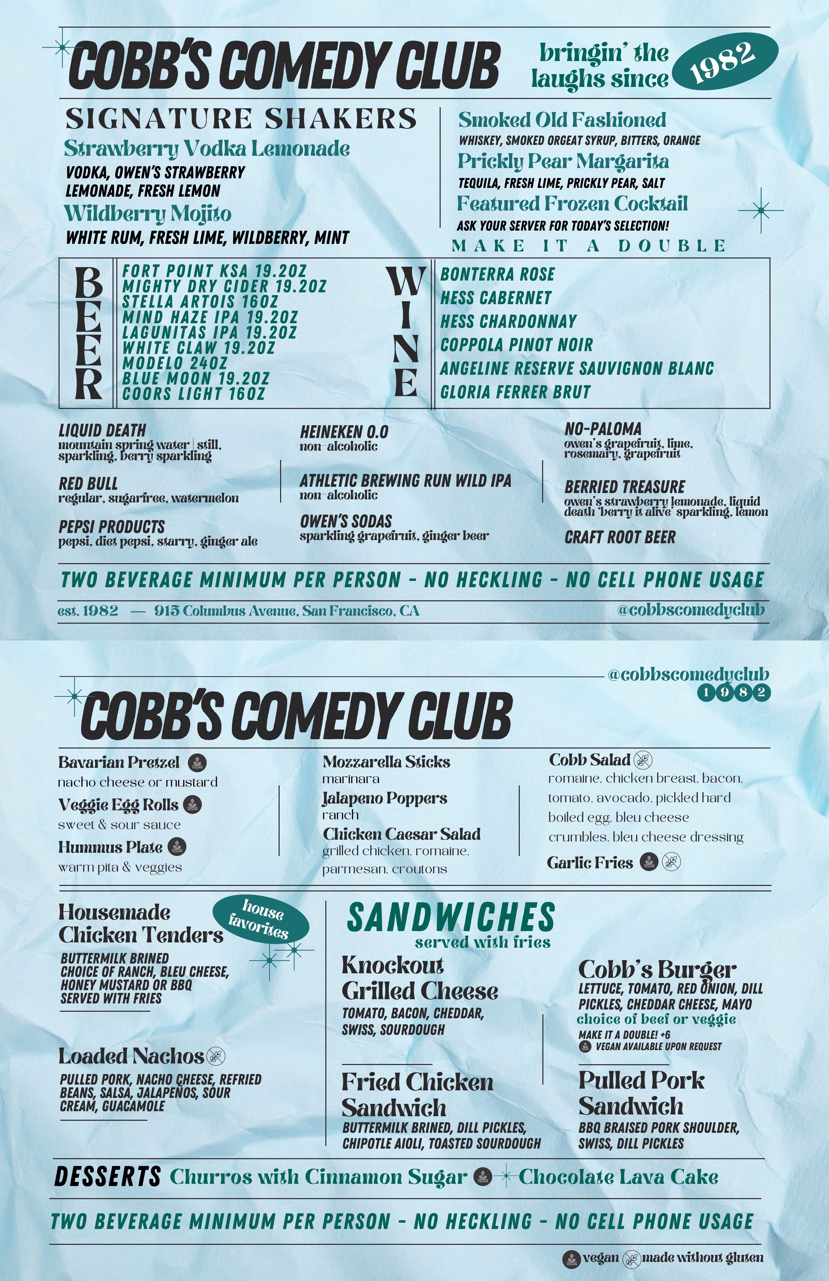 Cobb's Food & Drinks Menu